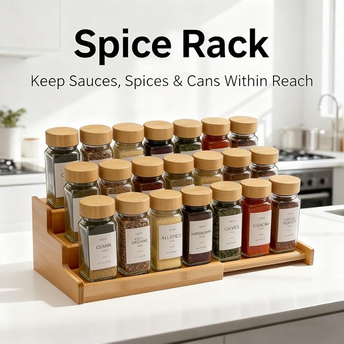 JinDoWin Spice Rack Organizer for Cabinets,Countertop & Pantries,2 Pack | Expandable design, 3-Tier stepped bamboo spice shelf, seasoning organizer, pantry organizers and storage - Image 3