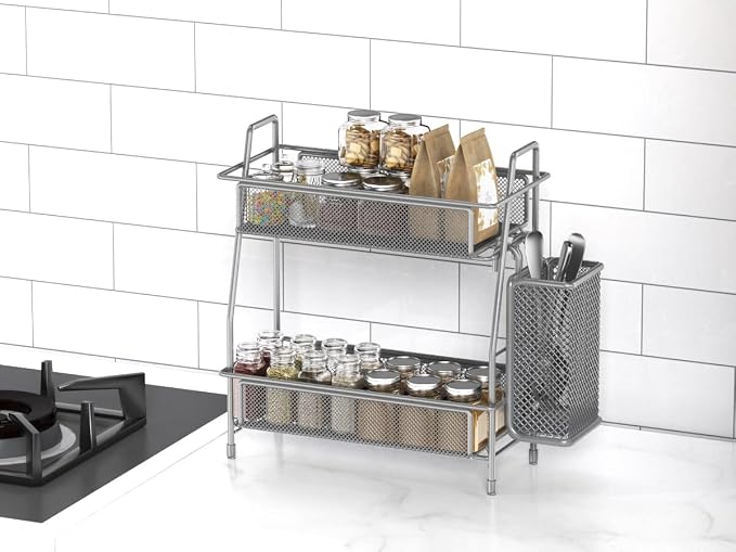Spice Rack Organizer for Kitchen Counter, Spices Organizer and Storage Seasoning Organizer for Cabinet, Kitchen Metal Countertop Organizer with Side Basket (Grey) - Image 6