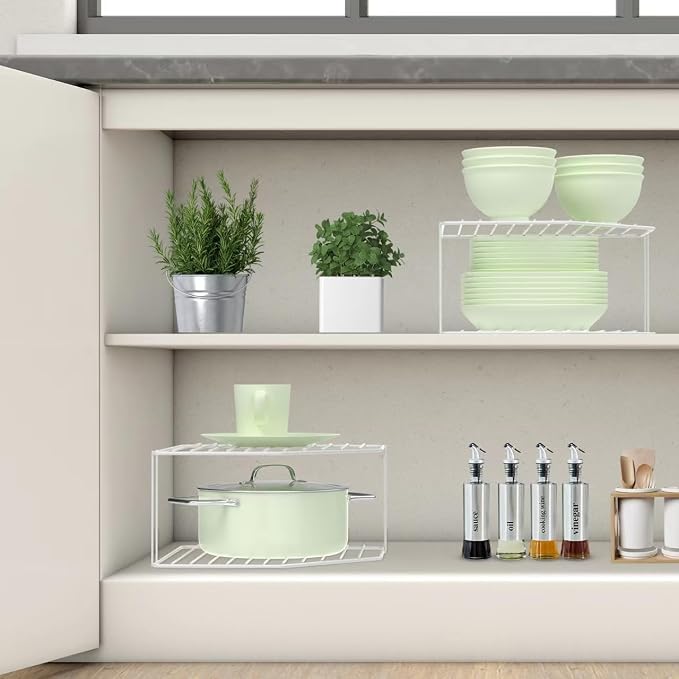 AKAZA 2Pcs 2-Tier Corner Stackable Organizer Shelf for Kitchen - Cabinet Storage Shelf Rack, Shelves，Kitchen Counter and Cabinet Shelf, Storage Rack Organizer (White) - Image 2