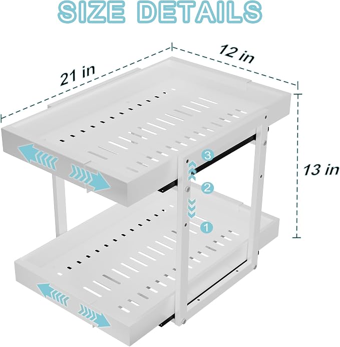 2-Tier Expandable Pull Out Cabinet Organizer, Cabinet Drawers, 21"D | Cabinet Pull Out shelves, Adjustable Pantry Drawers, Slide Out Drawers for Kitchen Cabinets, Under Sink Organizer,Large White - Image 2