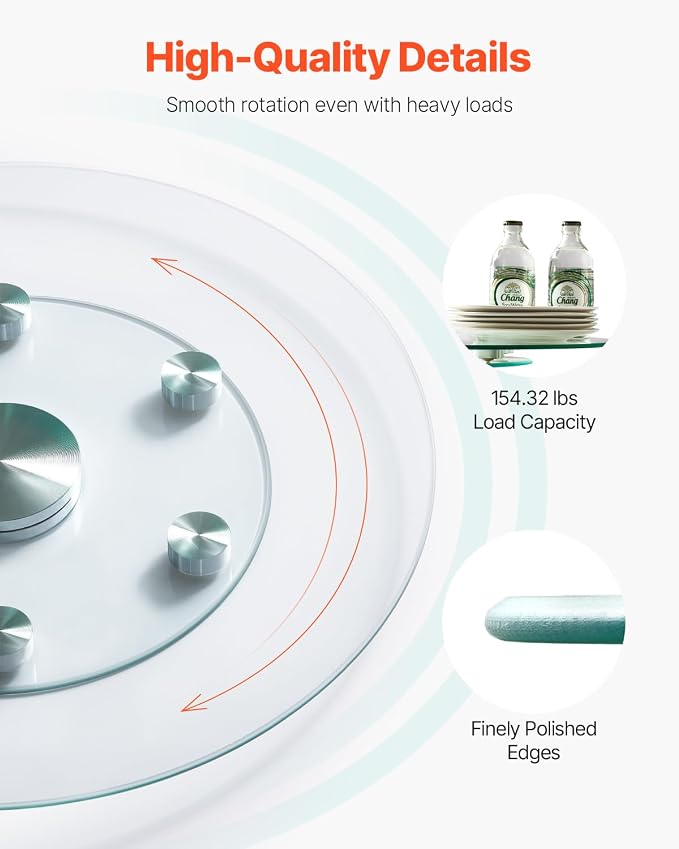 VEVOR 24 in Glass Lazy Susan Turntable, Tempered Glass Dining Table Centerpiece with 6 Rotating Wheels, 360° Smooth and Silent Spin Tabletop Rotating Tray, for Family Gatherings, Banquets & Weddings - Image 3