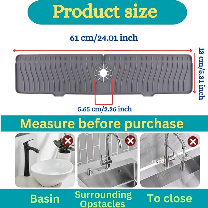 24 Inch Longer Faucet Mat for Kitchen Sink, Silicone Sink Faucet Mat Splash Guard 5° Slope Premium Kitchen Sink Splash Faucet Guard, Fast Self-Draining Mat (gray) - Image 2