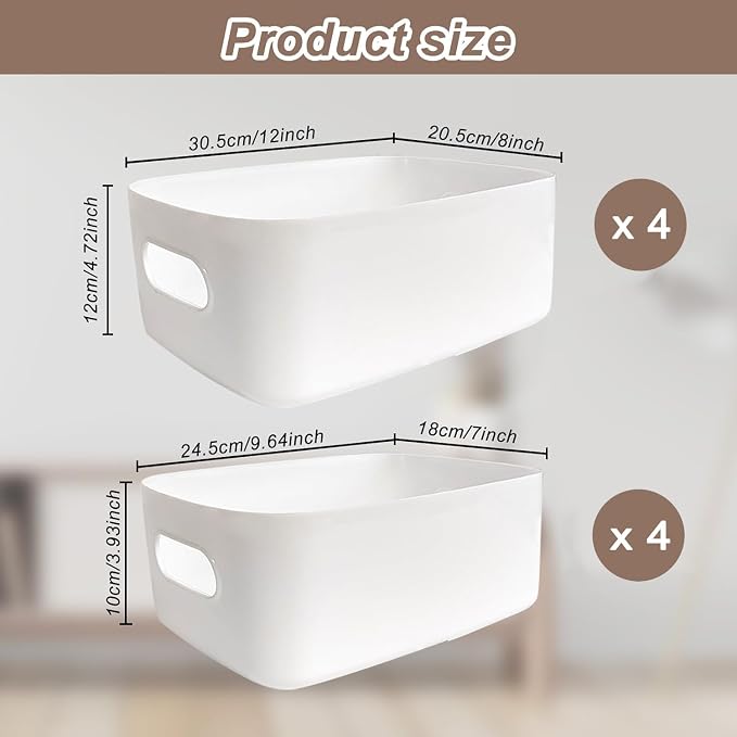 8 Pack Plastic Storage Bins and Baskets, White Storage Containers for Kitchen, Bathroom, Office, Under Sink Organizer, 4 Large and 4 Middle - Image 2