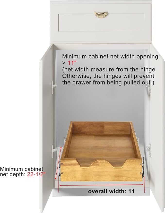 DINDON 1 Tier Pull Out Cabinet Organizer (11" W x 21" D) Single Tier Heavy Duty Sliding Wood Drawer Under Cabinet Shelf Organization Storage - Image 3