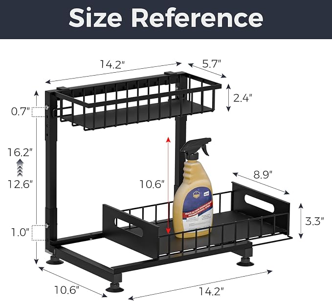 2-Pack L-Shaped Under Sink Organizer, 2-Tier Pull-out Cabinet Rack | Black Height-Adjustable Steel Rack, Sliding Grid Drawers with PP Liners, Holds 100 Lbs, Suction Base, Ideal Kitchen Storage - Image 6