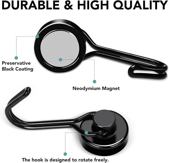 Magnetic Hooks 28 Pack 40Lbs Heavy Duty Neodymium Magnet Hook | Black Magnetic Swivel Hooks for Hanging Rust Proof Strong Magnets with Hook for Storage - Image 3