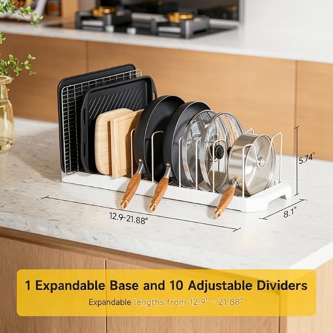 MUDEELA Pots and Pans Organizer under Cabinet, Pan Pot Organizer Inside Cabinet, Expandable 12.9''-21.88'' Pot Lid Organizer Holder with 10 Adjustable Dividers for Cutting Boards, Pan Lid Rack, White - Image 3