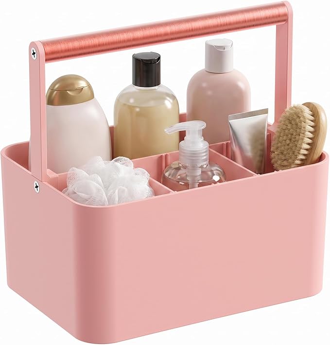 Pink Shower Caddy Portable: Plastic Bathroom Caddy Organizer with Handle, 4 adjustable compartments shower caddy with drainage holes, keeps items organized and dry, easy carry handle for college dorm by MakesYourHomeMoreOrganized