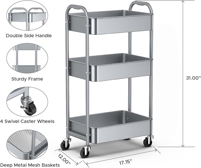 MAX Houser 3-Tier Rolling Utility Cart with Caster Wheels,Easy Assembly, for Kitchen, Bathroom (Silvery-Grey) (Pack of 3) - Image 2