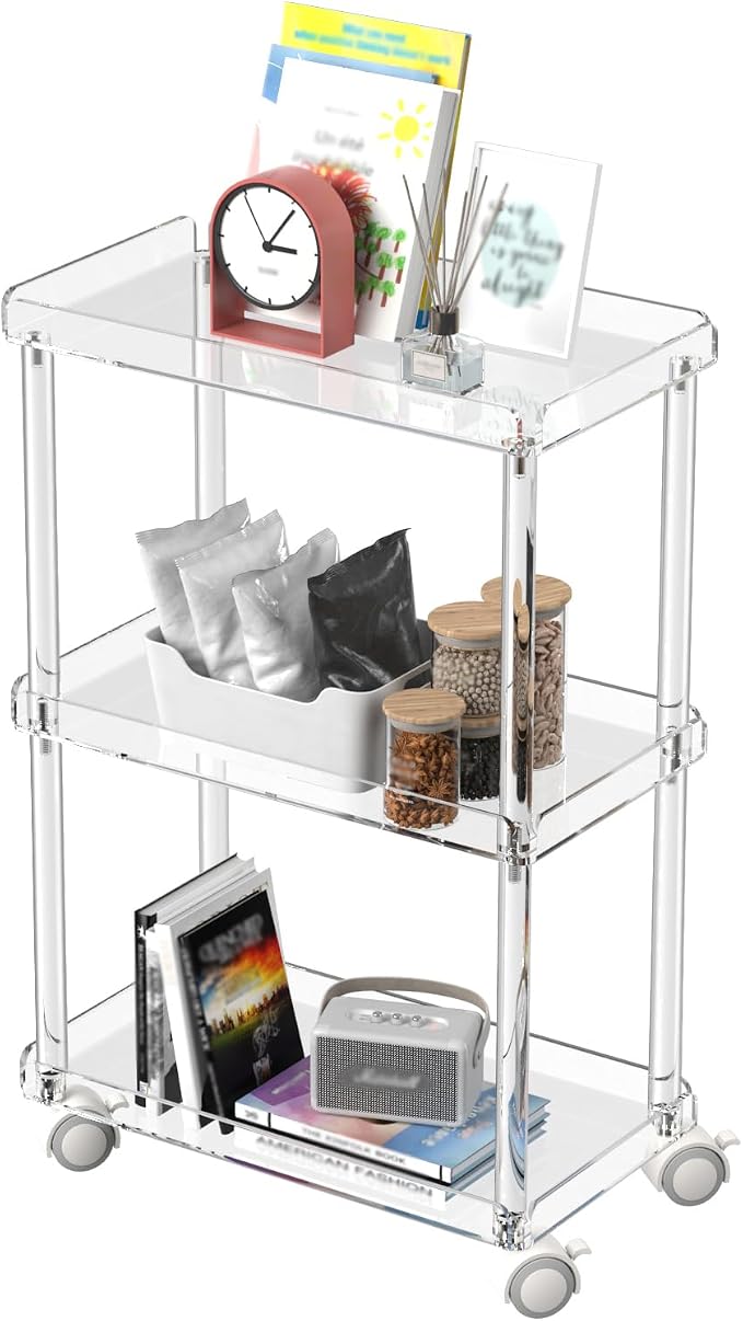 Aquiver Acrylic Slim Storage Cart - 3 Tier Utility Rolling Cart - for Kitchen, Bathroom, Living Room, Laundry, Narrow Places - 15.6'' L x 8.7'' W x 23.6'' H by AQUIVER