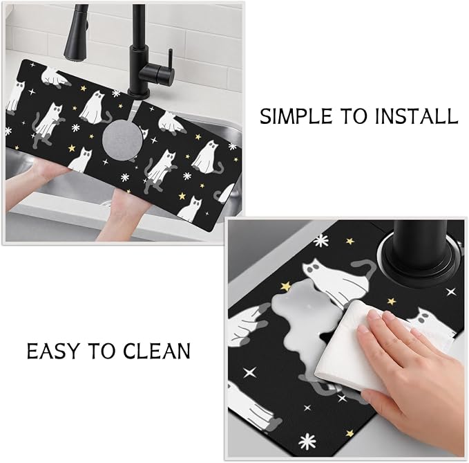 Halloween Kitchen Sink Splash Guard Faucet Mat,Black Cats Ghosts Halloween Faucet Non-Slip Absorbent Mat,Farmhouse Sink Splash Guard Behind Faucet for Kitchen Bathroom,15"x5.5" - Image 4