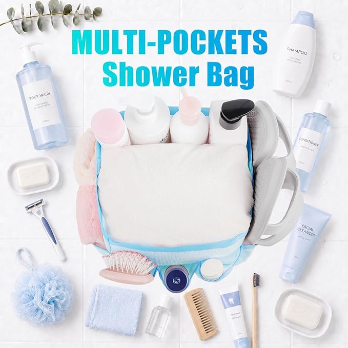 Mesh Shower Caddy Portable - 9 Pockets for College Dorm Room Essential | Large Capacity Mesh Shower Caddy with 9 Pockets, Portable Hanging Toiletry Bag for College Dorm, Gym, Camping and Beach - Image 5