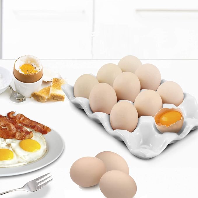 Flexzion Egg Ceramic & Porcelain Egg Holder, 12-Piece Non-Slip Tray Storage Box, White - Image 3
