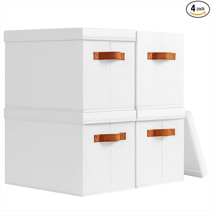 Storage Bins with Lids - Fabric Storage Baskets for Shelves, 4 Pack Foldable Decorative Boxes with Handles, Stackable Organizer Bins for Home, Nursery, Dorm, White by Homsorout