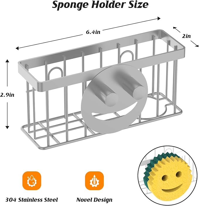 MURLONG Sponge Holder Smiley Face, Sink Organizer with 2 Suction Cups/1 Adhesive Strips, Designed for Sponge, Soap, Dish Brush, Scrubber - Gray - Image 2