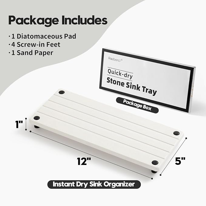 Instant Dry Sink Caddy Kitchen Sink Organizer, Quick Drying Stone Tray Diatomite Sponge Holder Soap Dish, Bathroom Countertop Fast Dry Water Absorbing Vanity Rack, White, 12" x 5" - Image 6