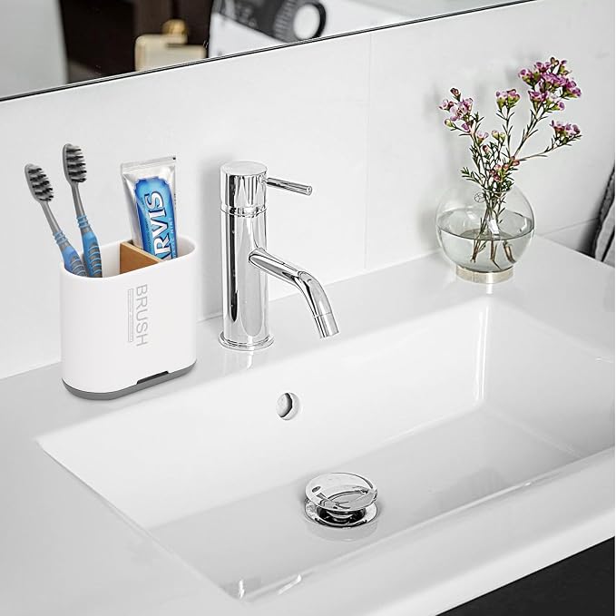 Bamboo Toothbrush Holder for Bathrooms Toothpaste Organizer, Small, White | 2 Slots, Easy to Clean, Plastic, Kids Electric Toothbrush, Drainage, Removable, For Bathroom, Vanity, Kitchen Sink, Office - Image 7