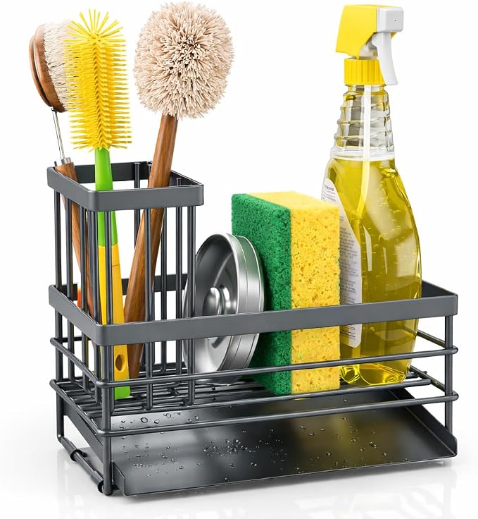 Cisily Sink Caddy Sponge Holder for Kitchen with Brush Holder and Stainless Steel Self Drain Tray, Rustproof Kitchen Sink Organizer for Sponge, Soap Dispenser Storage Accessories - Image 7
