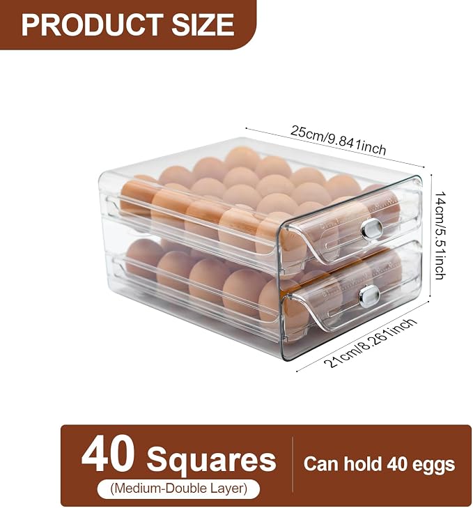 2 Tier Egg Holder for Refrigerator, 40 Eggs Clear Drawer Organizer | Clear Stackable Holder Tray with Drawer for Fridge, Storage Container with Handles for Refrigerator, Countertop, Kitchen - Image 8