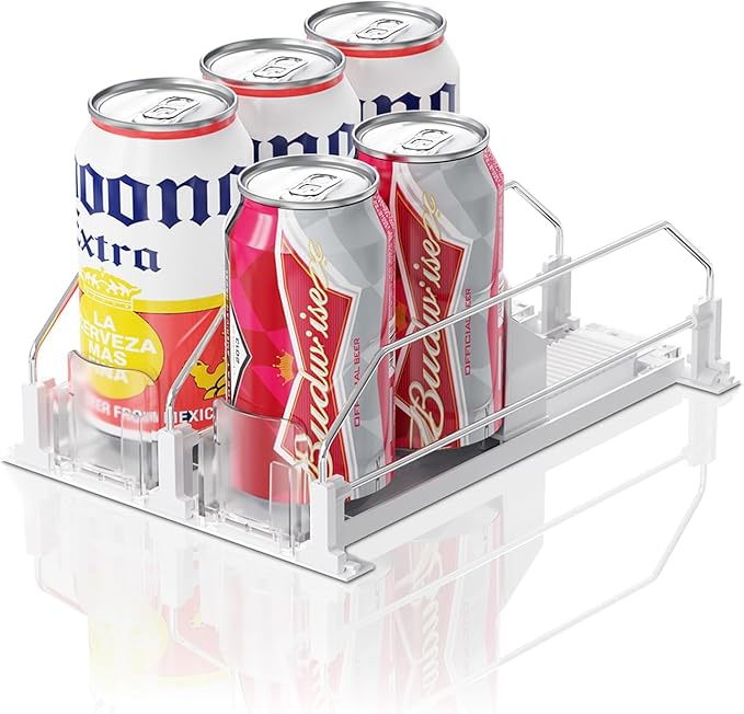 Drink Organizer for Fridge,12oz - Soda Can Dispenser for Refrigerator,Width Adjustable,Automatic Pusher Glide (White 10" D, 2ROWS) by LOVEFORBETTERLIFE