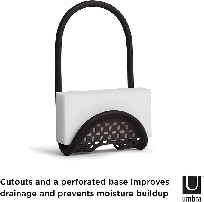 Umbra Sling Flexible Sink Caddy, Elastic Non-Slip Sponge Holder, Black | Rubber material, perforated base for drainage, prevents moisture buildup, fits faucet necks, easy rinse clean - Image 5