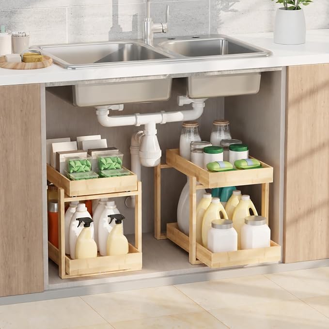 APRTAT 2 Pack Bamboo Under Sink Organizer, 2-Tier Pull Out Storage Drawers | Smooth pull-out drawers keep cleaners and tall bottles visible, organized and easy to reach in kitchen or bathroom cabinets by HEALTHYYOU