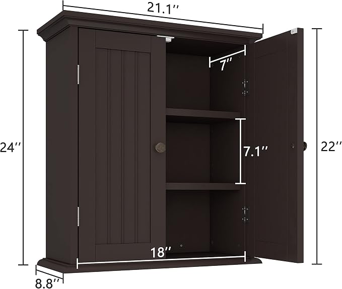 ChooChoo Bathroom Wall Cabinet with 2 Doors, Over The Toilet | 8.8"D x 21.1"W x 24"H, Medicine Cabinet, Adjustable Shelves, Cupboard, Espresso - Image 3