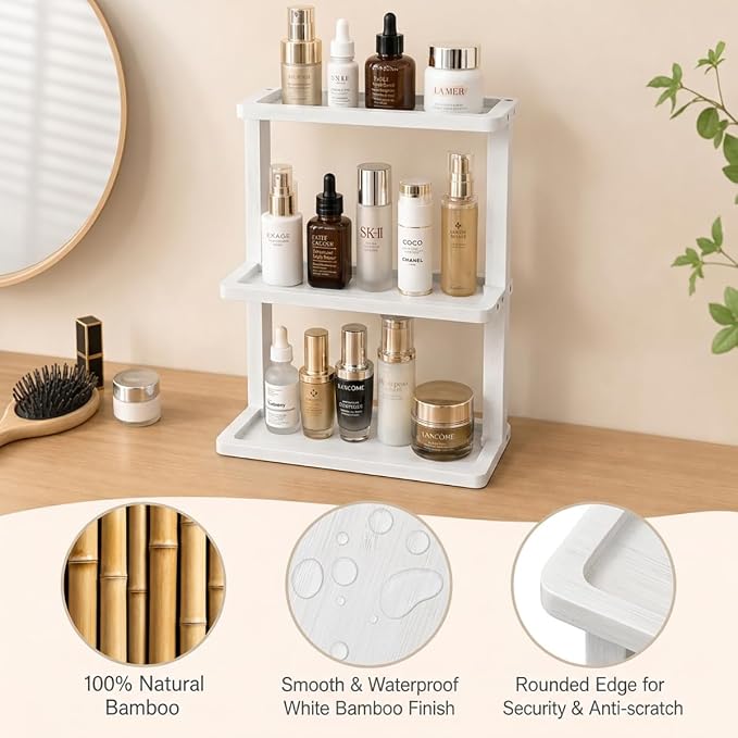 PEKER Bamboo Bathroom Organizer Countertop – Vanity Storage Shelf for Makeup, Perfume, Skincare – Natural Cosmetics Display Rack for Dresser, Sink, Kitchen – White - Image 5