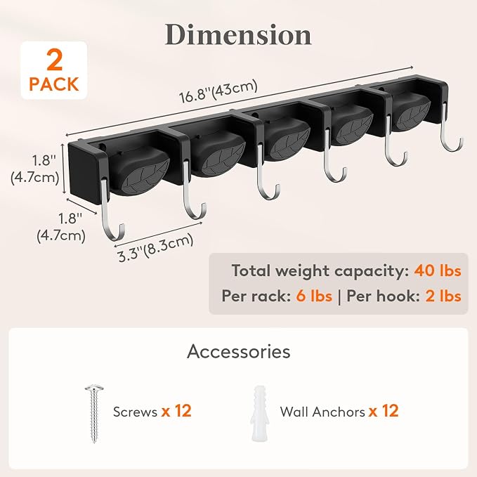 Lifewit Mop and Broom Holder Organzier Wall Mount Non-Slip, 2 Pack, Black | Easy Install One Handed Push Cleaning Tool Hanger with 6 Hooks 5 Slots, Heavy Duty Hanging Utility Rack for Garden, Garage - Image 4