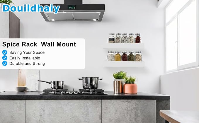 12 Inch Acrylic Spice Rack Wall Mount, White, 4 Pack | Spice Shelf Storage Holder, Hanging Seasoning Rack Organizer, For Cabinet Door, Cupboard or Wall Kitchen, Adhesive or Screw - Image 6
