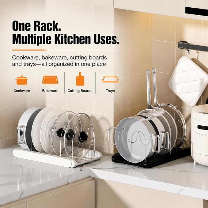 Expandable Pots and Pans Organizer Under Cabinet, Pan Organizer Rack with 9 Adjustable Slots, Pot Lid Holder for Cabinet, Countertop, Plates, Cutting Boards, Baking Sheets-White - Image 4