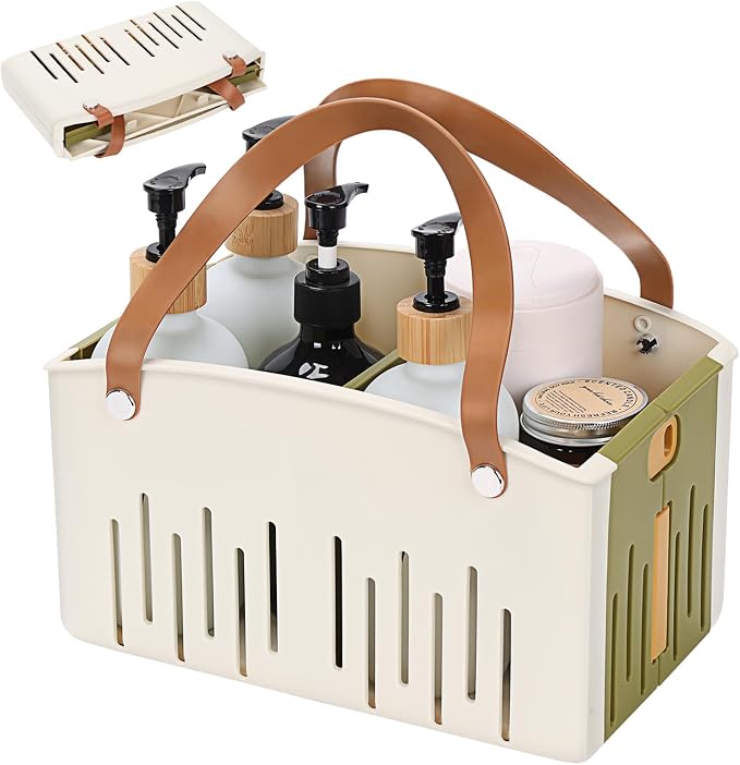Portable Shower Caddy Collapsible Plastic Shower Basket Tote with Handles Removable Divider, Cleaning Caddy Storage Organizer for Bathroom College Dorm (Green) by Homiton