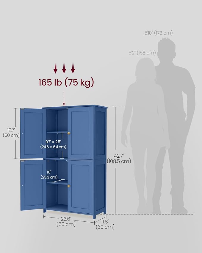 VASAGLE Floor Storage Cabinet, 2 Adjustable Shelves, 4 Doors,42.7" H | Freestanding Organizer Unit, Kitchen, Bathroom, Living Room, Bijou Blue, SIREN Collection UBBC553QE01S - Image 5