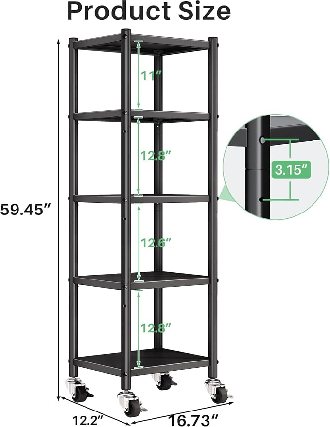 PXRACK 5-Tier Kitchen Storage Shelves, Adjustable Metal Shelves for Storage Pantry Shelves with Rolling Wheels, Storage Rack Shelving Unit Organizer for Bedroom Laundry Closet - Image 2