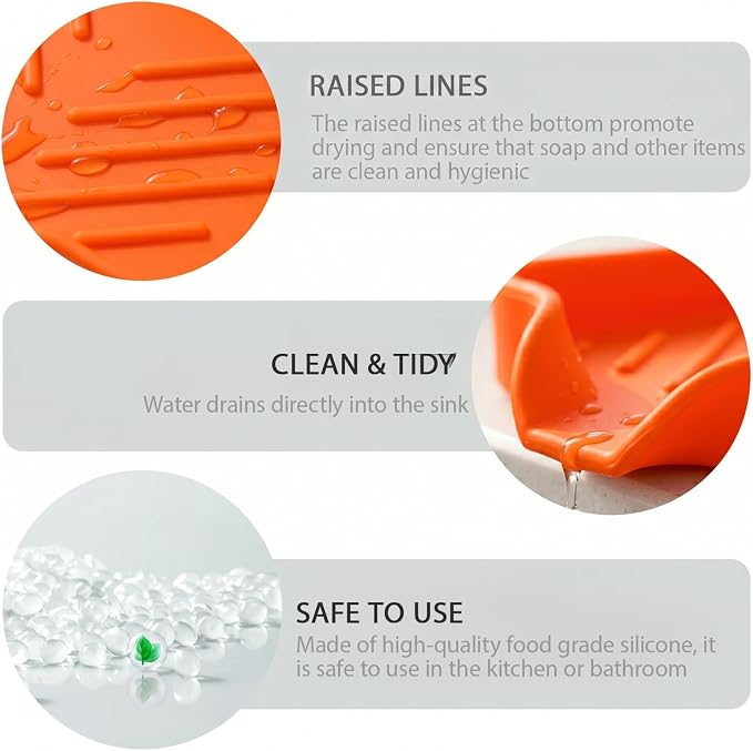 MicoYang Silicone Soap Dish with Drain Spout, Self-Draining Sink Organizer Tray for Bathroom and Kitchen, Sponges, Dispensers and Soap Holder, Non-Slip and Dishwasher Safe, Orange (Compact, 4.9"×3.2") - Image 8