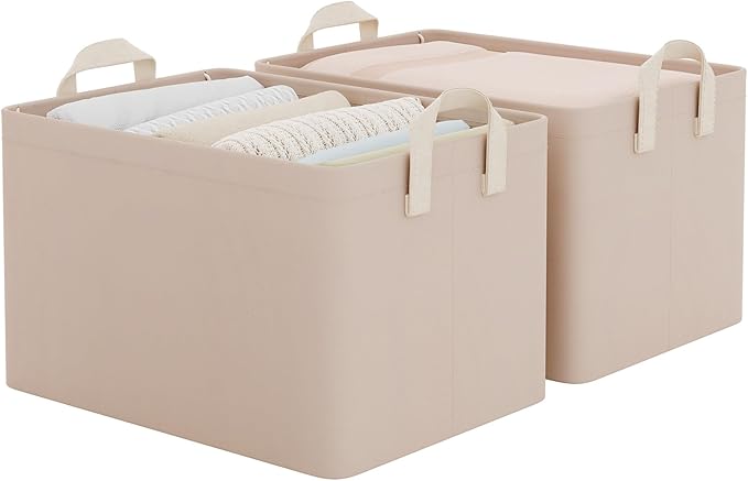 StorageWorks Fabric Storage Bins, Closet Bins, Light Brown, 2-Pack | With PU Handles, Wrinkle-Resistant Cottlyn Fabric, Foldable, For Bedroom, Bathroom, Laundry, Holds Clothes, Towels, Blankets by StorageWorks