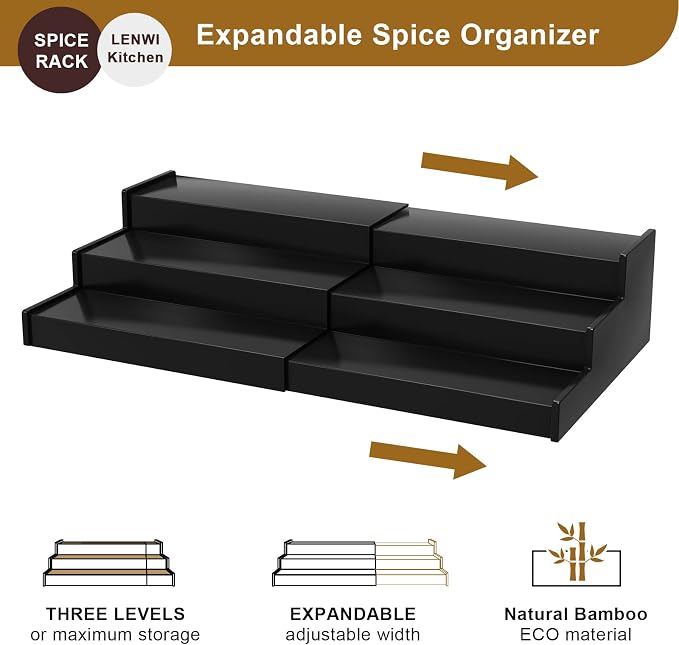 Lenwi Spice Rack Organizer for Cabinet, 3 Tier Expandable Bamboo Spice Storage for Kitchen Cupboard Pantry, Black - Image 4