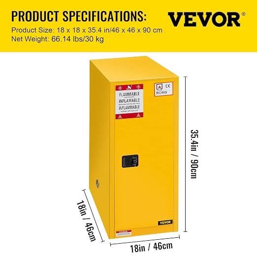 VEVOR Flammable Cabinet, 18" x 18" x 35", Yellow | Galvanized Steel, Safety Cabinet, Adjustable Shelf, Commercial, Industrial, Home Use - Image 3