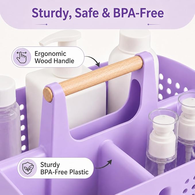 Portable Shower Caddy Basket with 3 Compartments and Handle, Purple | Plastic Divided Beauty Caddy Organizer for Hair Care, Cosmetics, Toiletries, Craft Supplies, Dorms and Vanities - Image 8