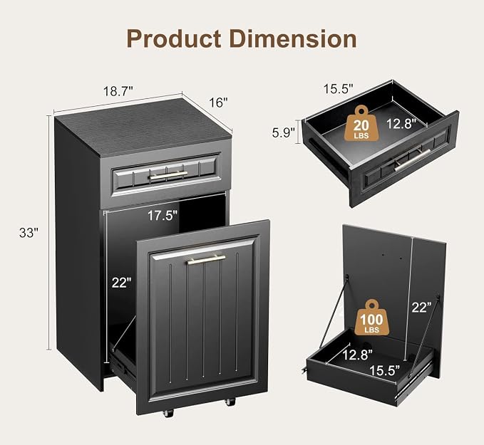 ZIFTY Pull Out Trash Can Cabinet for 13 Gallon Bin, Laundry Hamper, Black | Pet Proof, Freestanding Kitchen Cabinet, Hideaway Drawer, Wooden Garbage Recycling, Modern Farmhouse Waste Bin Furniture - Image 2
