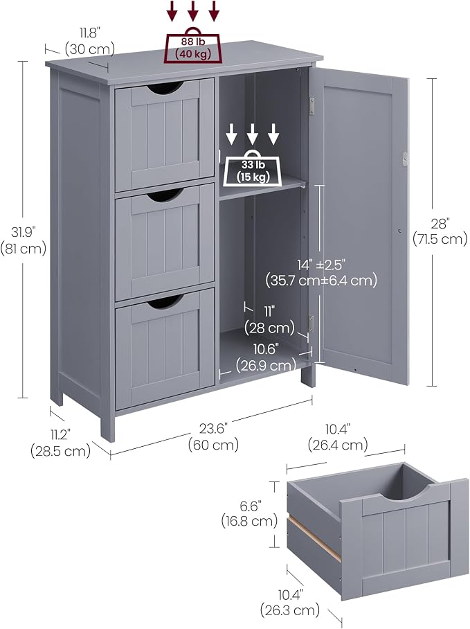 VASAGLE Floor Storage Cabinet, Freestanding Storage Unit with 3 Drawers, 1 Adjustable Shelf, for Bathroom Living Room Dining Kitchen, 11.8 x 23.6 x 31.5 Inches, Dove Gray UBBC049G02 - Image 6