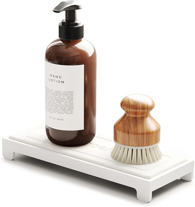 SpaceAid DryingNeat Sink Organizer, Instant Dry Sink Caddy Organizers, Kitchen Sponge Soap Holder Dispenser, Countertop Fast Drying Counter Tray Rack (Bamboo Rack, White) by SpaceAid