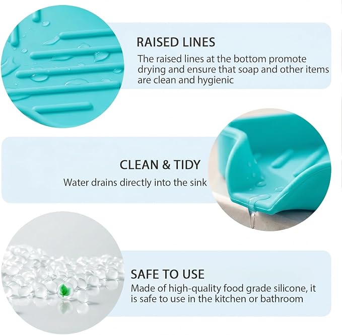 MicoYang Silicone Soap Dish with Drain Spout, Self-Draining Sink Organizer Tray for Bathroom and Kitchen, Sponges, Dispensers and Soap Holder, Non-Slip and Dishwasher Safe, Mint (Compact, 4.9"×3.2") - Image 8