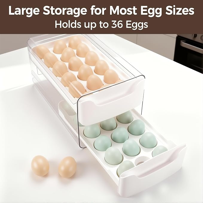 Egg-Holder for Fridge, Fits Small to Large Eggs, White | 36 Egg-Storage for Refrigerator Countertop, 2 Tier Dispenser with Drawer, Stackable Clear Egg Tray Container - Image 3