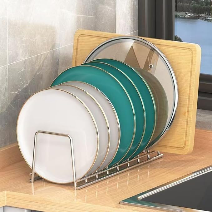 Dish Rack Plates Holder 2 Pack set, Plate organizer for cabinet space saver, Pan lid organizer, Kitchen Storage Cabinet Organizer for Plates/bowls/cups/lids/cutting boards/spatulas - Image 9