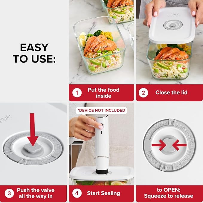 Chef Preserve Glass Vacuum Seal Containers for Food Storage, Made For Compact Vacuum Sealer, 3pcs set [1x Small, 1x Medium, 1x Large] Works With Handheld Vacuum Sealer Machine - Image 5