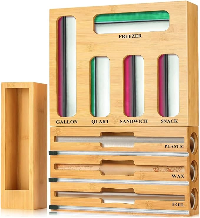 9 in 1 Bamboo Kitchen Drawer Organizer for Storage Bags, Foil & Plastic Wrap Holder with Built-In Cutter, Fits Gallon, Quart, Sandwich, and Snack by Unknown