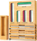 9 in 1 Bamboo Kitchen Drawer Organizer for Storage Bags, Foil & Plastic Wrap Holder with Built-In Cutter, Fits Gallon, Quart, Sandwich, and Snack by Unknown