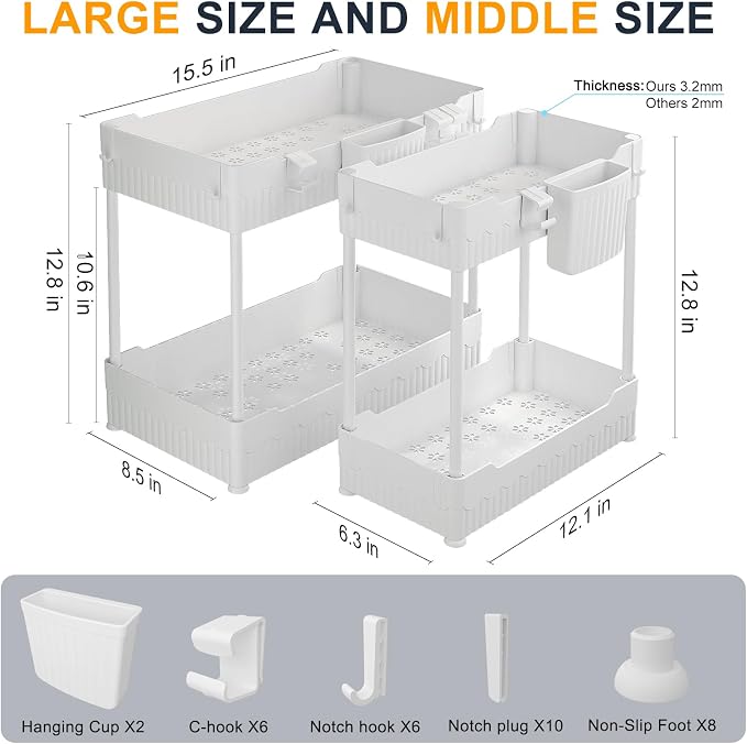 2-Pack Under Sink Organizer with Hooks & Hanging Cup for Kitchen | Multi-use kitchen & bathroom storage, 12.8 inch white cabinet organizer, with hooks and hanging cup for easy access. - Image 5
