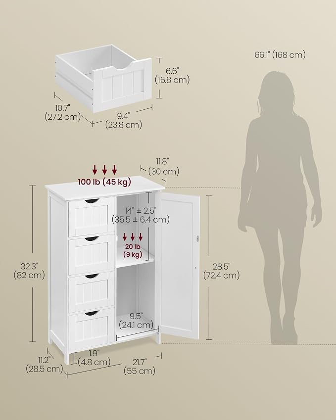 VASAGLE Storage Cabinet with Drawers, Freestanding Floor Cabinet with Door, 11.8 x 21.7 x 32.3 Inches, Adjustable Shelf, for Bathroom, Living Room, Kitchen, Cloud White ULHC041WH01S - Image 5